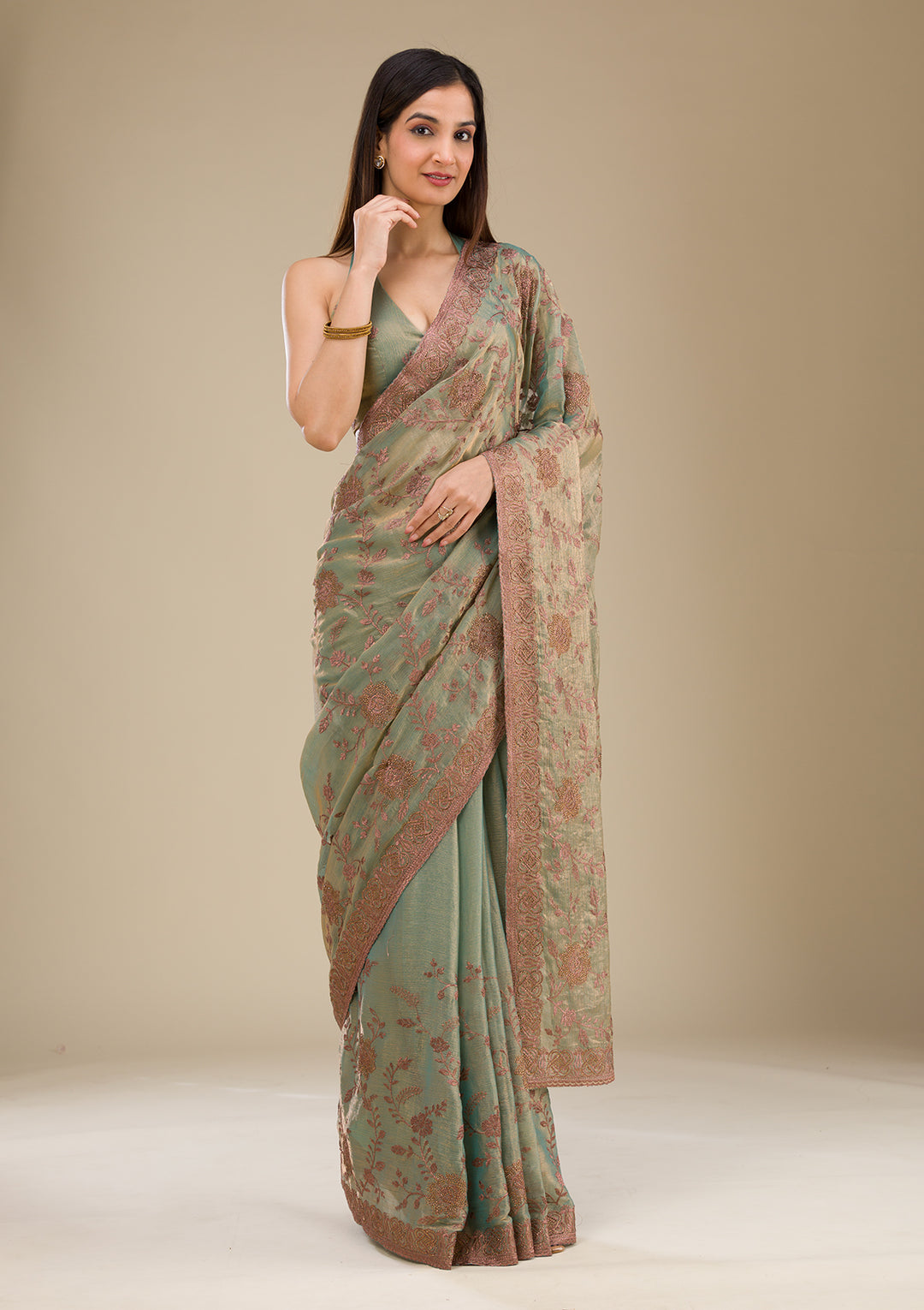 Pista Green Tissue Threadwork Saree With Matching Blouse Piece