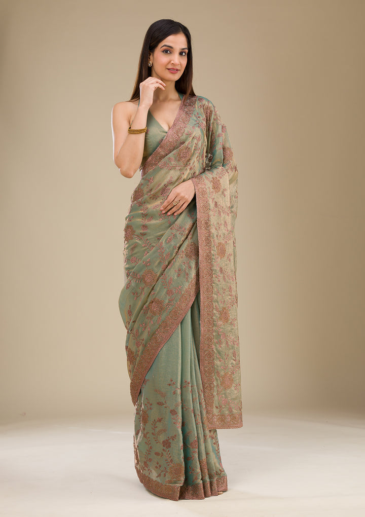 Pista Green Tissue Threadwork Saree With Matching Blouse Piece