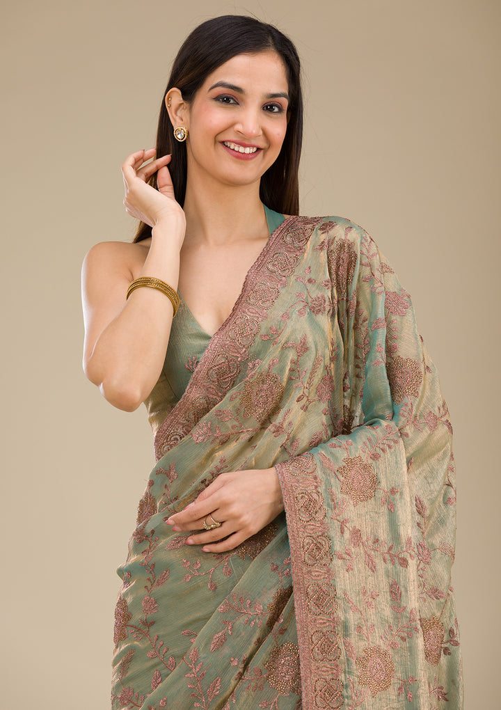 Pista Green Tissue Threadwork Saree With Matching Blouse Piece