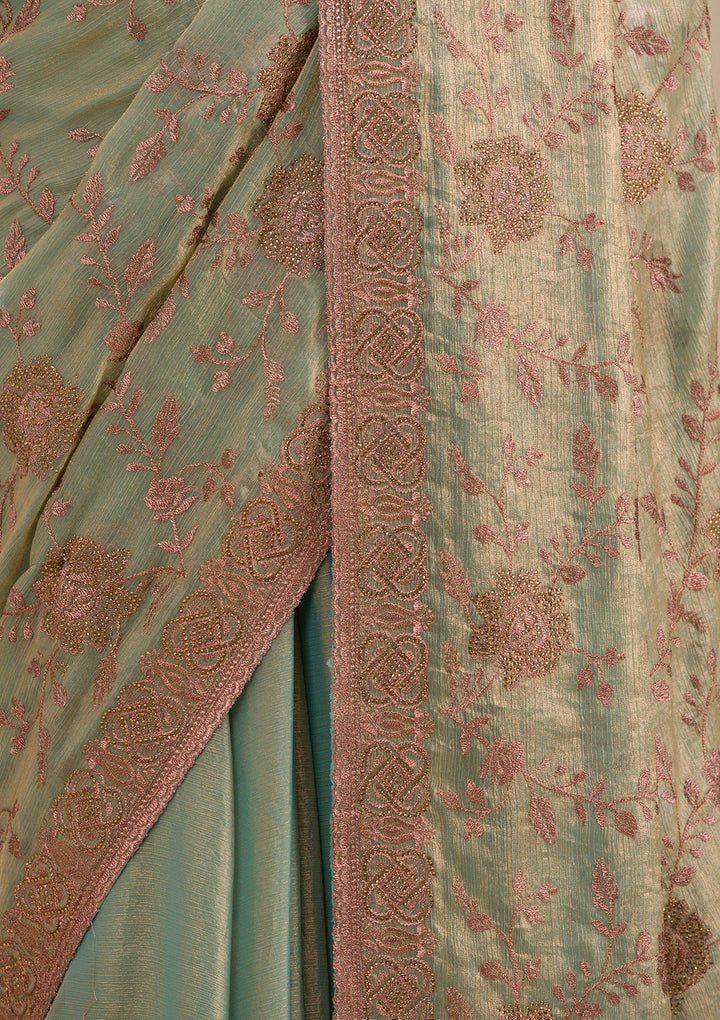 Pista Green Tissue Threadwork Saree With Matching Blouse Piece