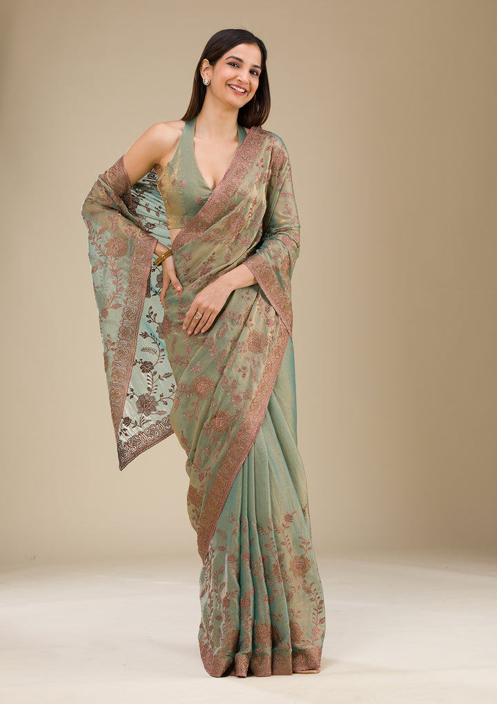 Pista Green Tissue Threadwork Saree With Matching Blouse Piece