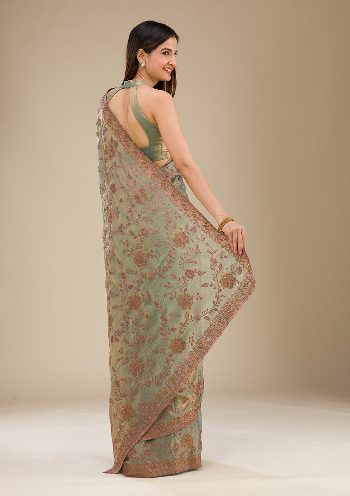 Pista Green Tissue Threadwork Saree With Matching Blouse Piece