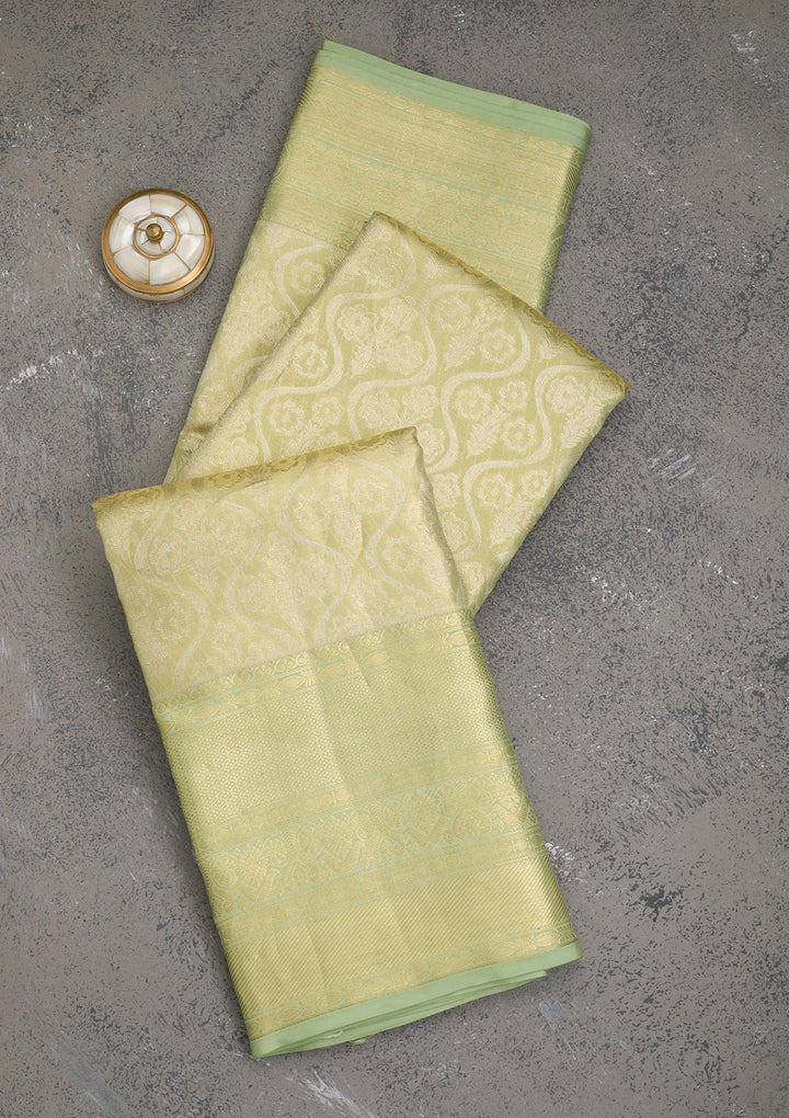 Pista Green Tissue Jaal Gold Zariwork Saree With Matching Blouse Piece