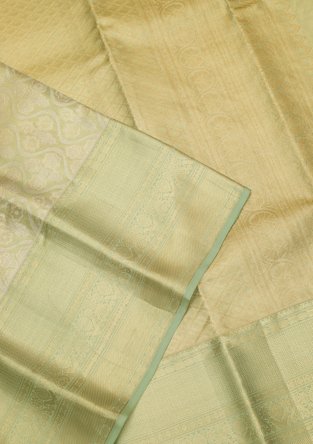 Pista Green Tissue Jaal Gold Zariwork Saree With Matching Blouse Piece