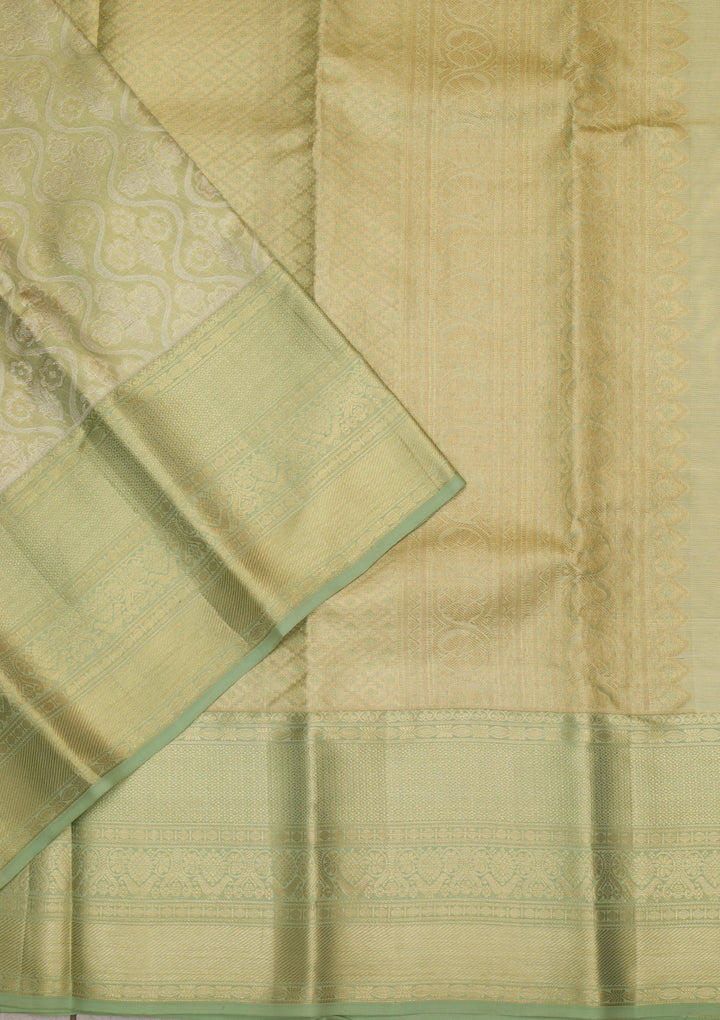 Pista Green Tissue Jaal Gold Zariwork Saree With Matching Blouse Piece