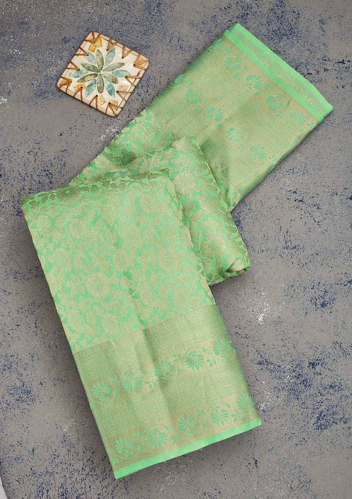 Pista Green Silk Jaal Gold Zariwork Saree With Matching Blouse Piece