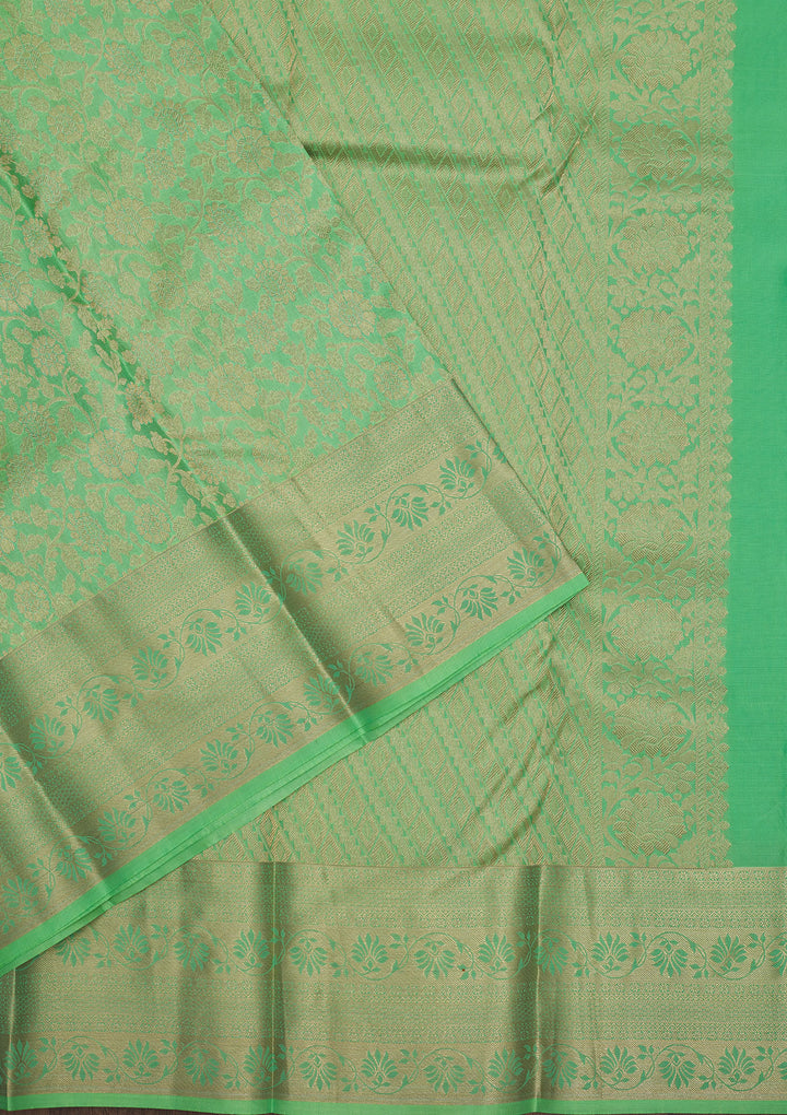 Pista Green Silk Jaal Gold Zariwork Saree With Matching Blouse Piece