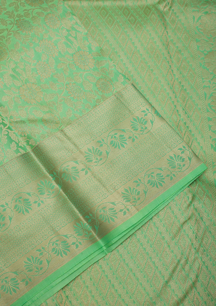 Pista Green Silk Jaal Gold Zariwork Saree With Matching Blouse Piece