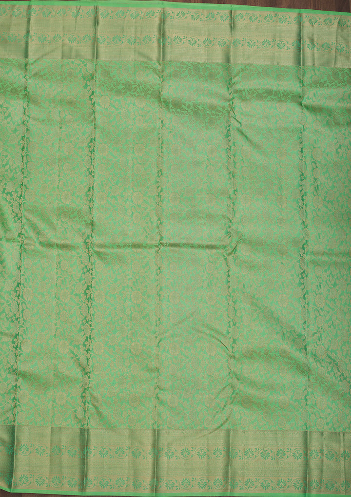 Pista Green Silk Jaal Gold Zariwork Saree With Matching Blouse Piece