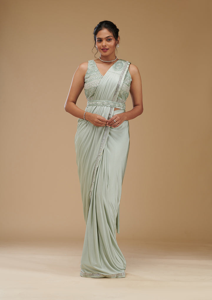 Pista Green Zariwork Satin Readymade Saree