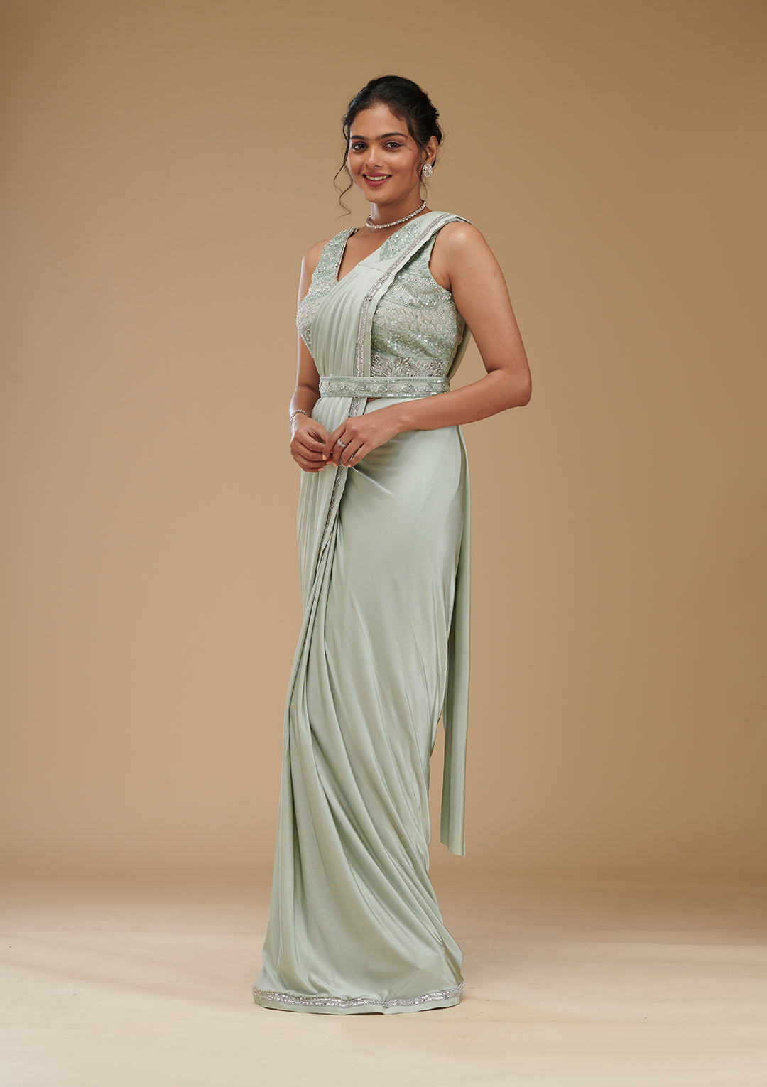 Pista Green Zariwork Satin Readymade Saree