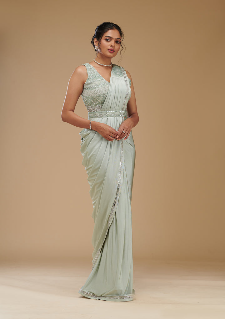 Pista Green Zariwork Satin Readymade Saree