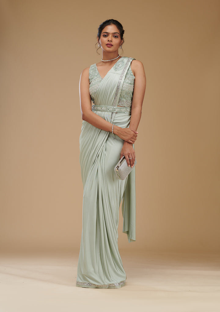 Pista Green Zariwork Satin Readymade Saree