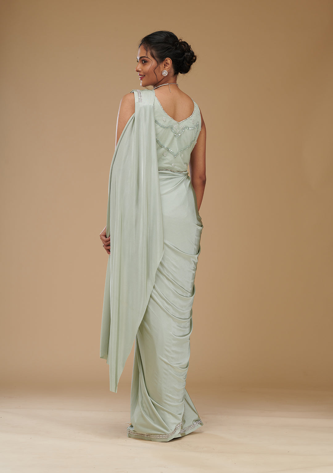 Pista Green Zariwork Satin Readymade Saree