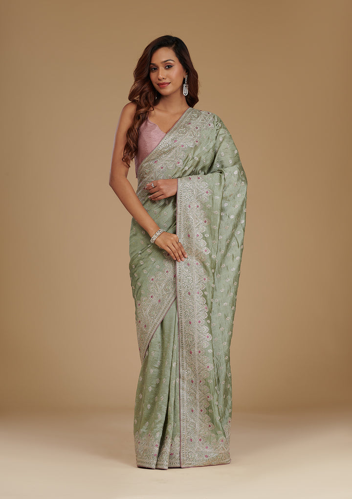 Pista Green Zariwork Silk Saree