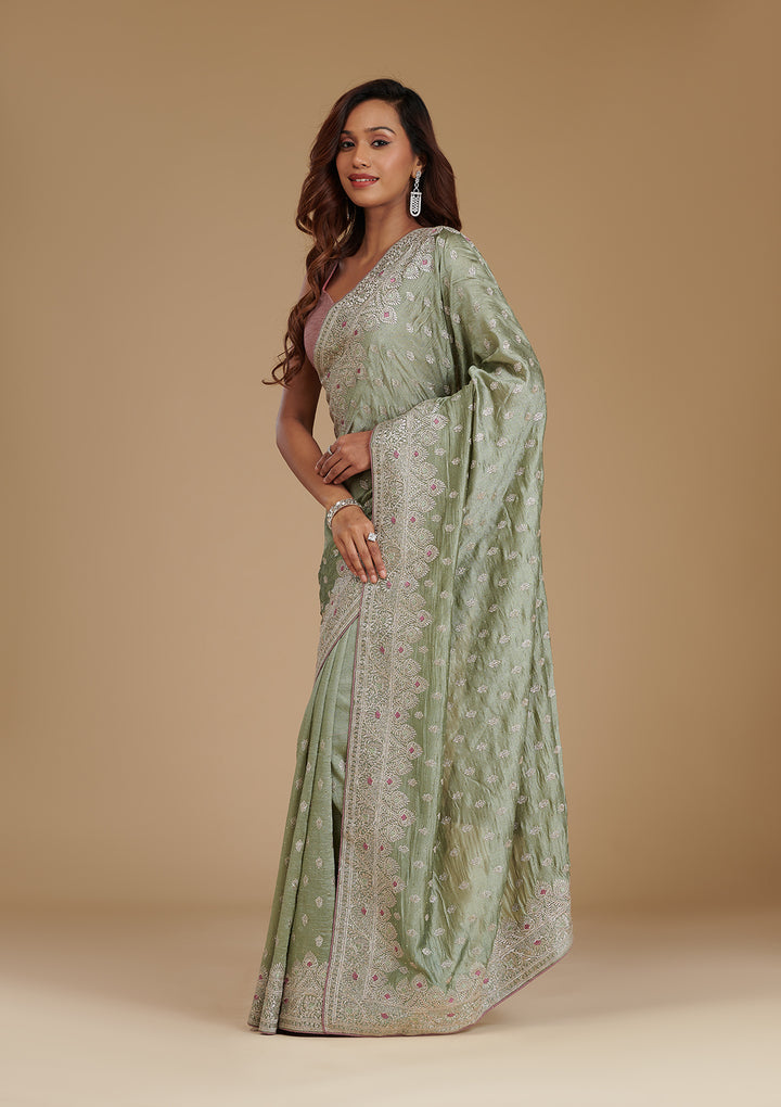 Pista Green Zariwork Silk Saree