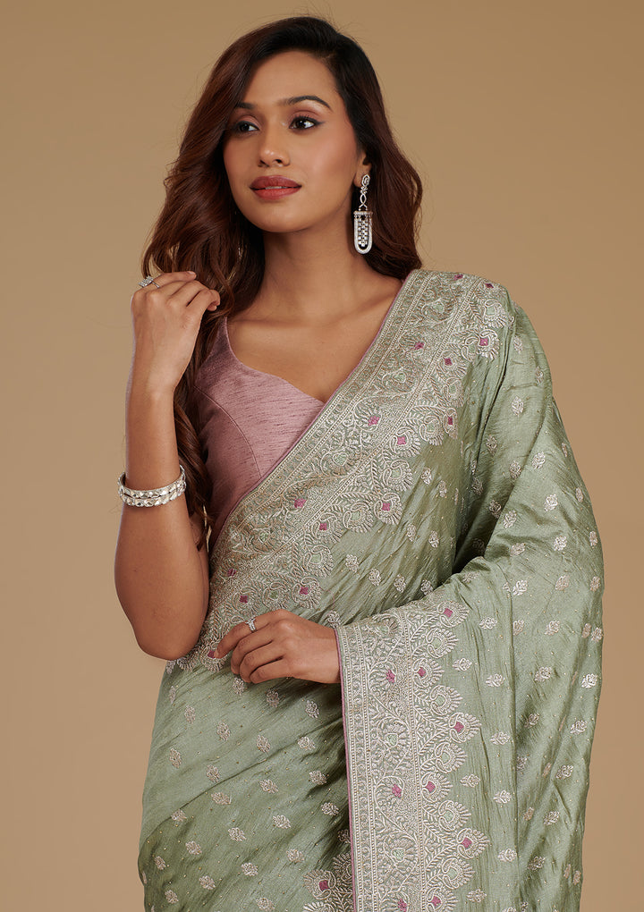 Pista Green Zariwork Silk Saree