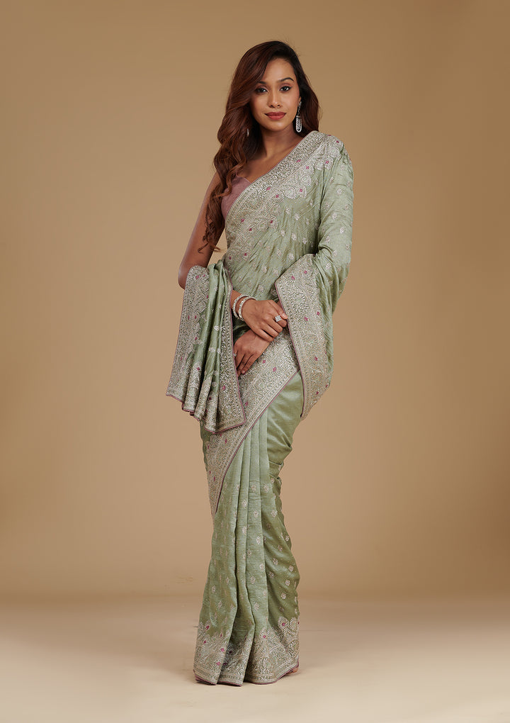 Pista Green Zariwork Silk Saree