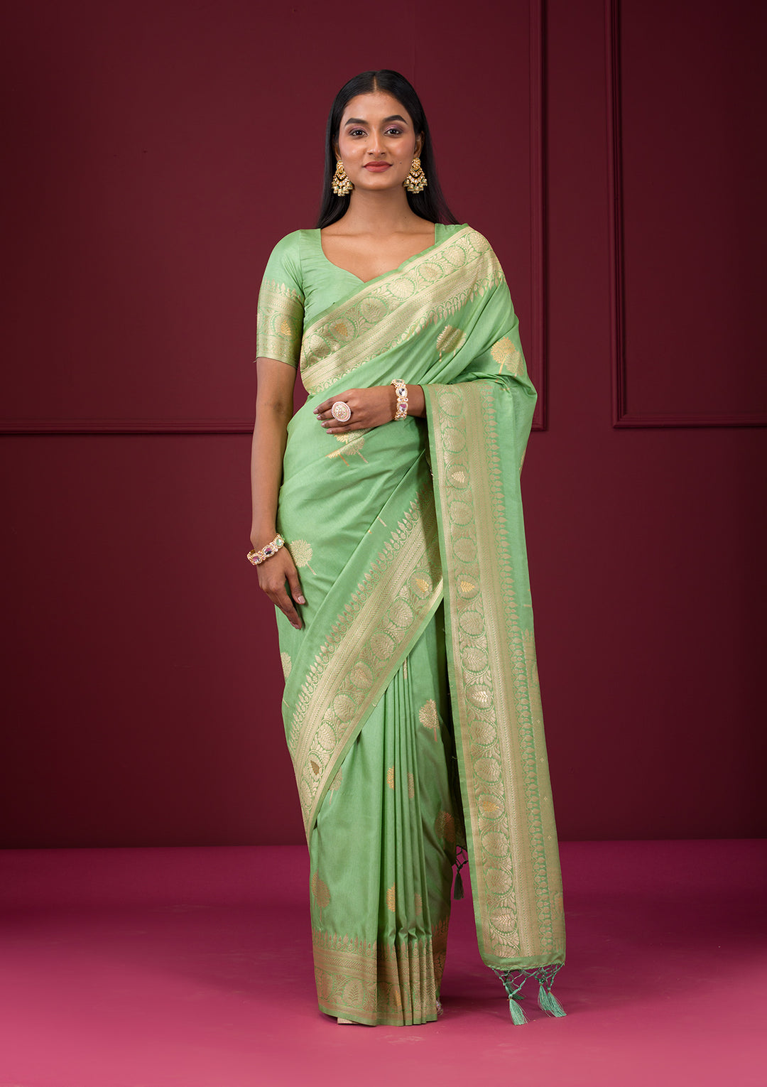 Pista Green Silk Banarasi Gold Zariwork Saree With Matching Blouse Piece