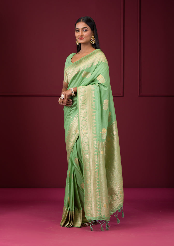 Pista Green Silk Banarasi Gold Zariwork Saree With Matching Blouse Piece