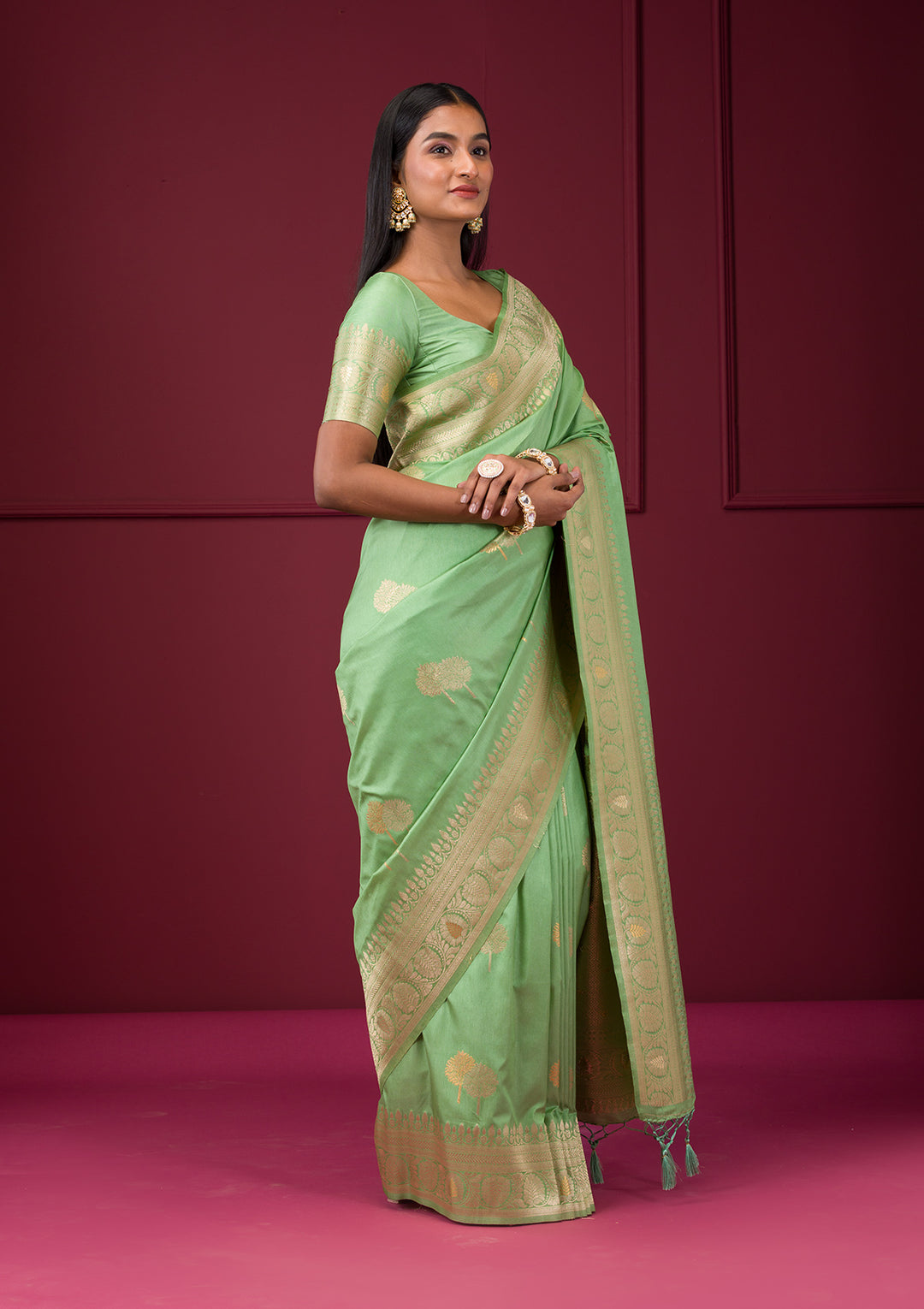 Pista Green Silk Banarasi Gold Zariwork Saree With Matching Blouse Piece
