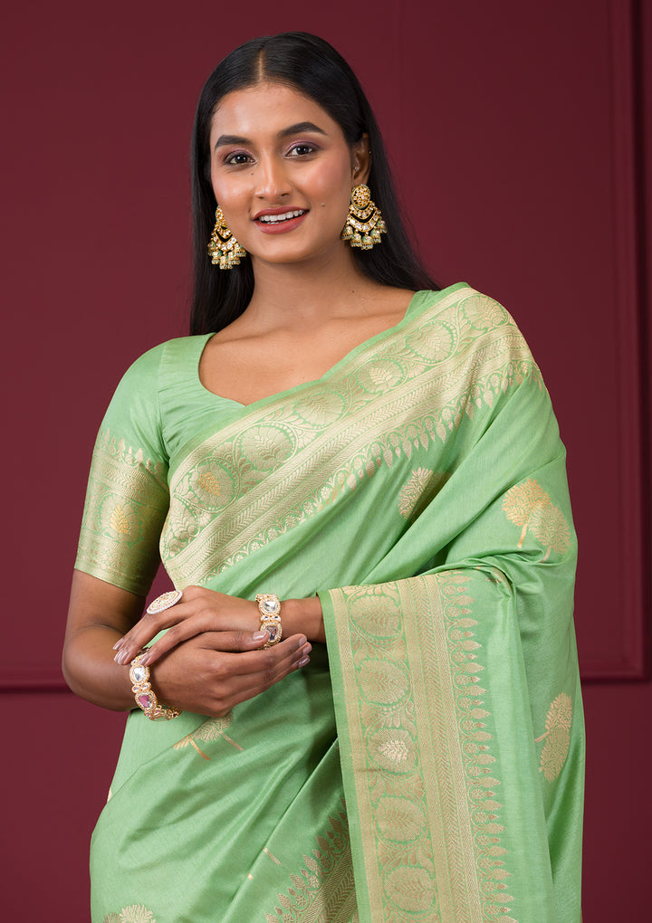 Pista Green Silk Banarasi Gold Zariwork Saree With Matching Blouse Piece