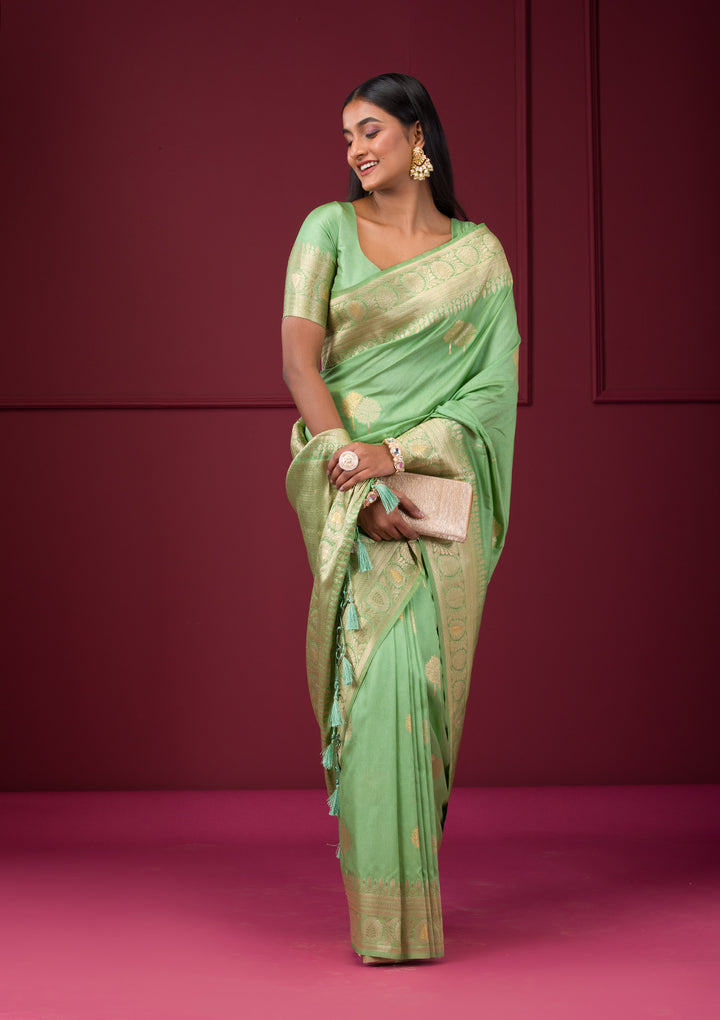 Pista Green Silk Banarasi Gold Zariwork Saree With Matching Blouse Piece