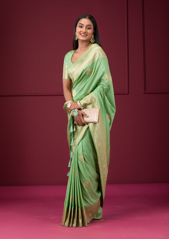 Pista Green Silk Banarasi Gold Zariwork Saree With Matching Blouse Piece