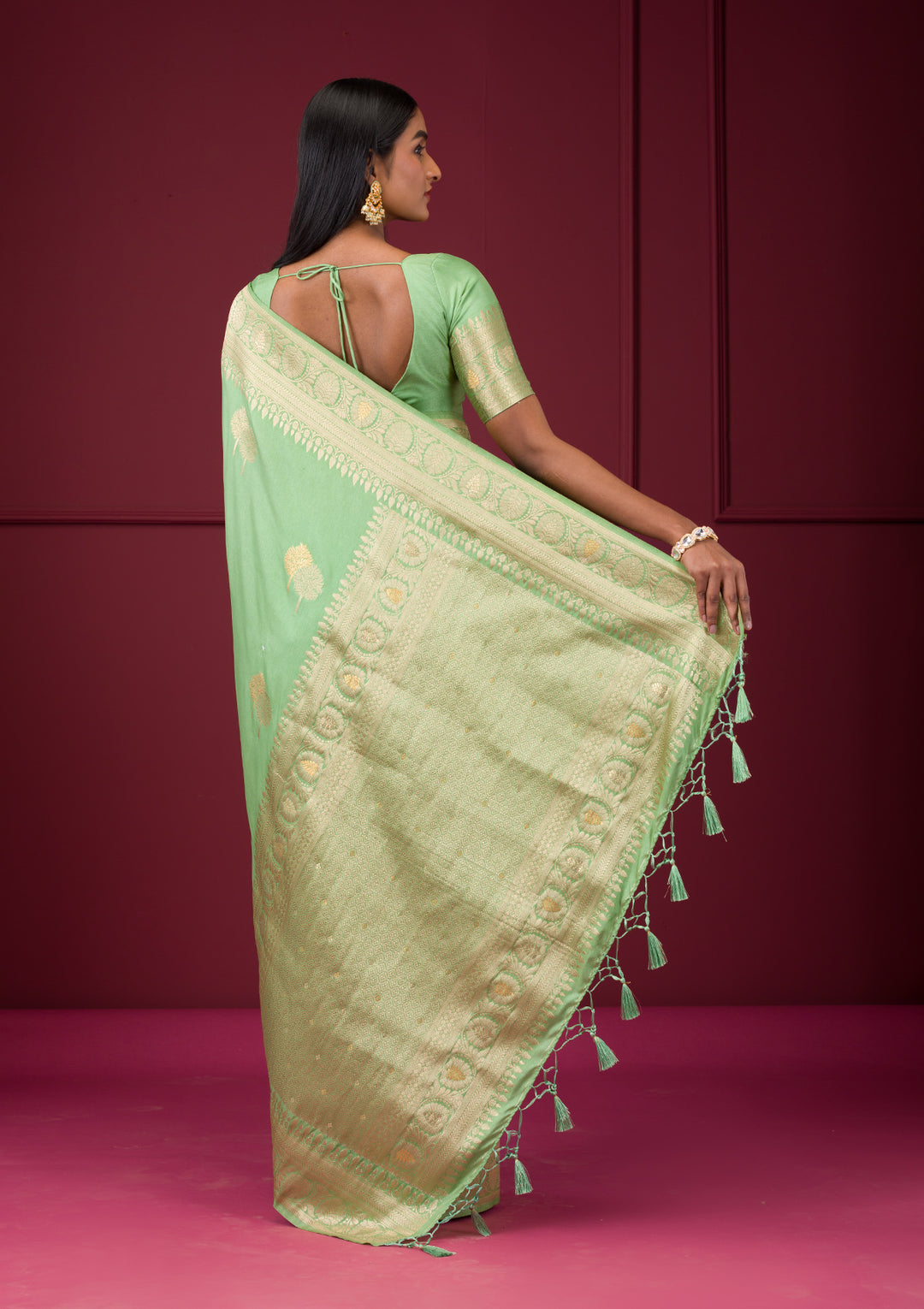 Pista Green Silk Banarasi Gold Zariwork Saree With Matching Blouse Piece