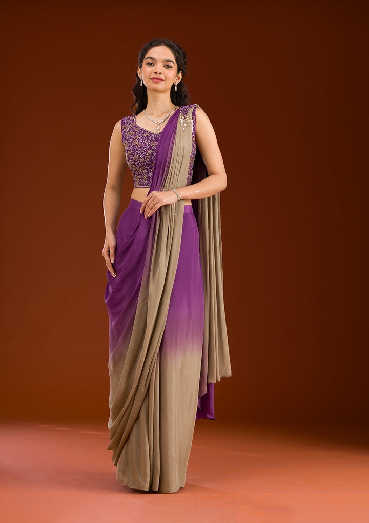 Purple Semi Crepe Ombre Cutdana Saree With Matching Blouse Piece