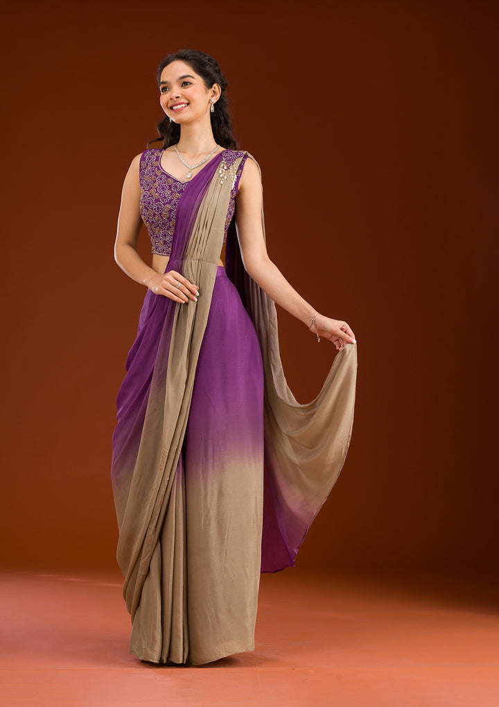 Purple Semi Crepe Ombre Cutdana Saree With Matching Blouse Piece