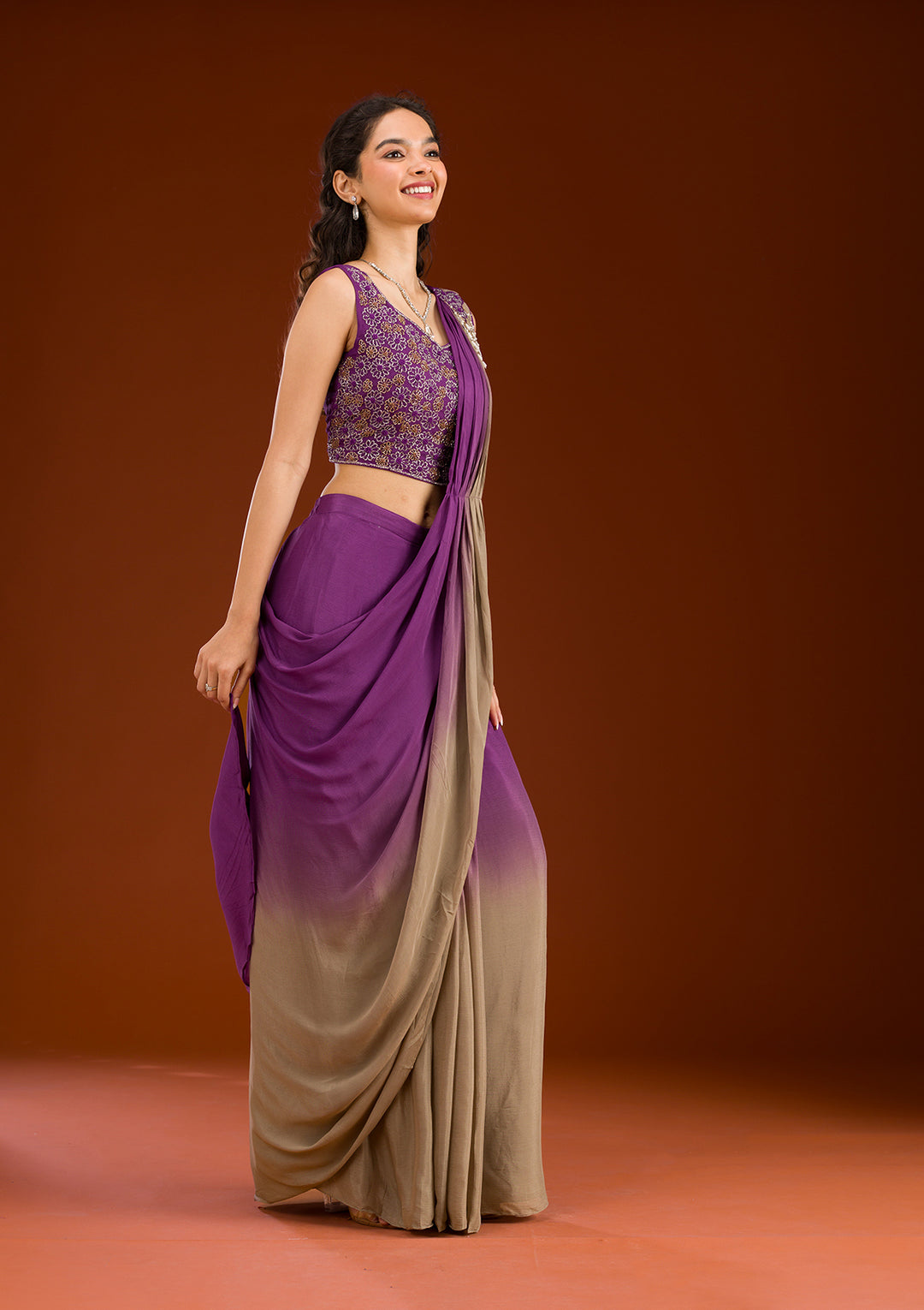 Purple Semi Crepe Ombre Cutdana Saree With Matching Blouse Piece