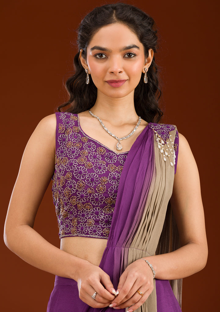 Purple Semi Crepe Ombre Cutdana Saree With Matching Blouse Piece