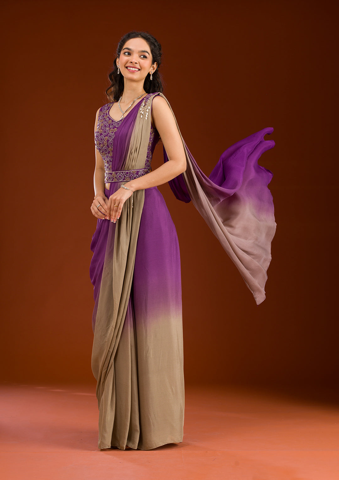 Purple Semi Crepe Ombre Cutdana Saree With Matching Blouse Piece