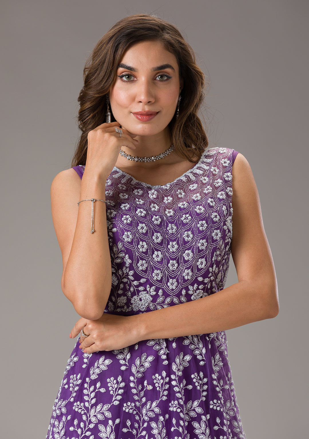 Purple Cutdana Net Gown