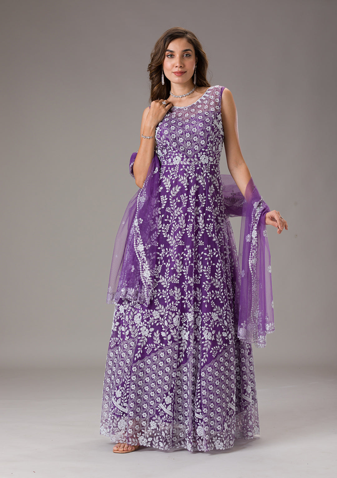 Purple Cutdana Net Gown