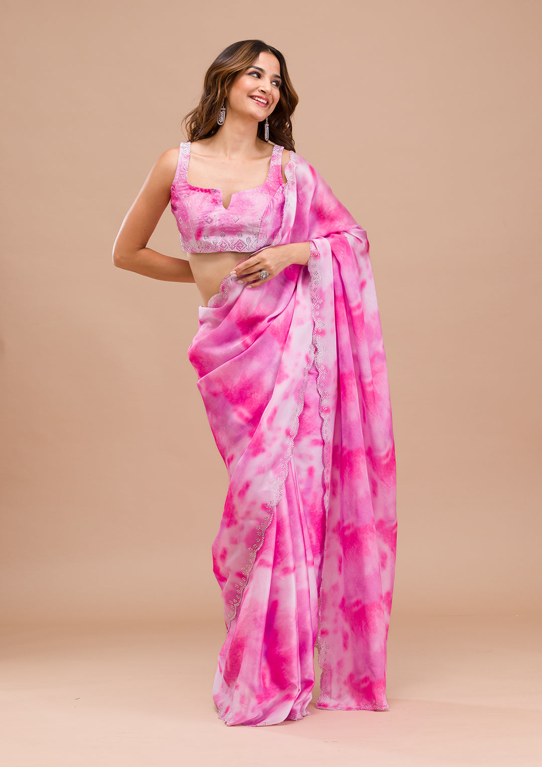 Purple Satin Abstract Geometric Silver Stonework Saree With Matching Blouse Piece