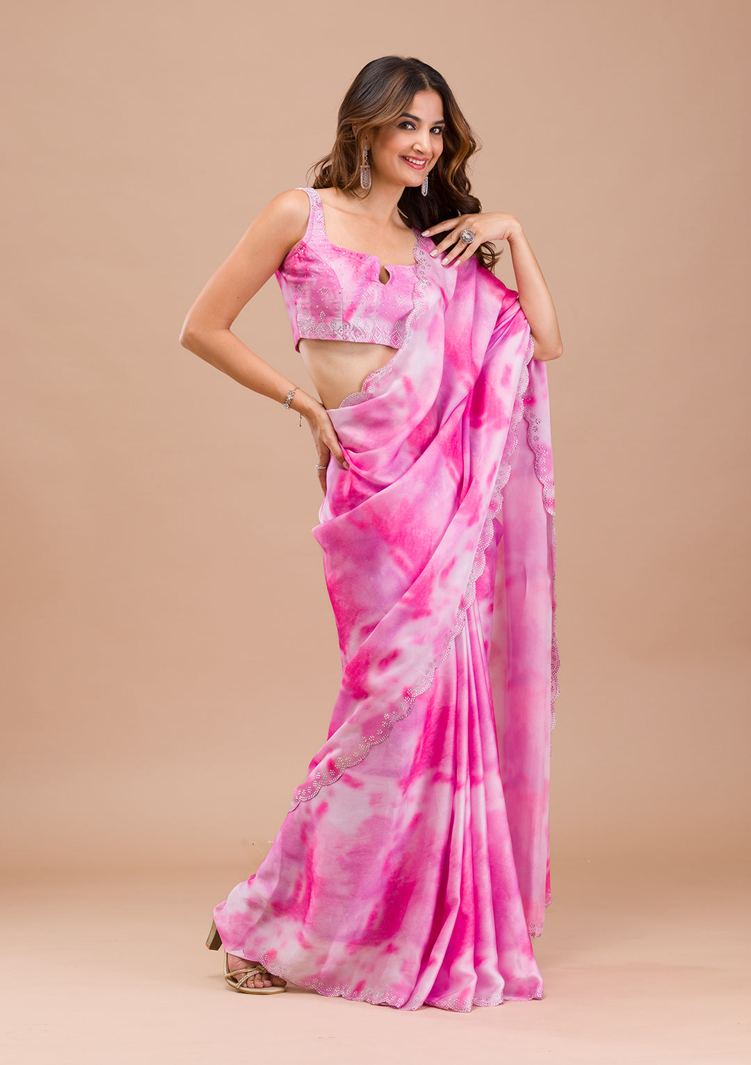 Purple Satin Abstract Geometric Silver Stonework Saree With Matching Blouse Piece