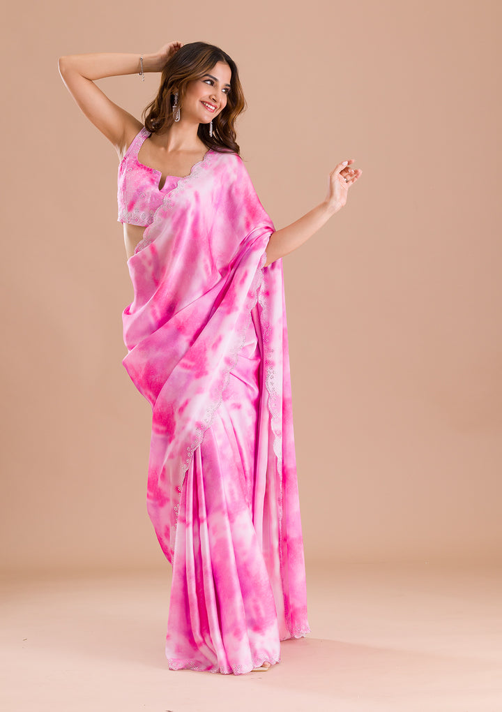Purple Satin Abstract Geometric Silver Stonework Saree With Matching Blouse Piece