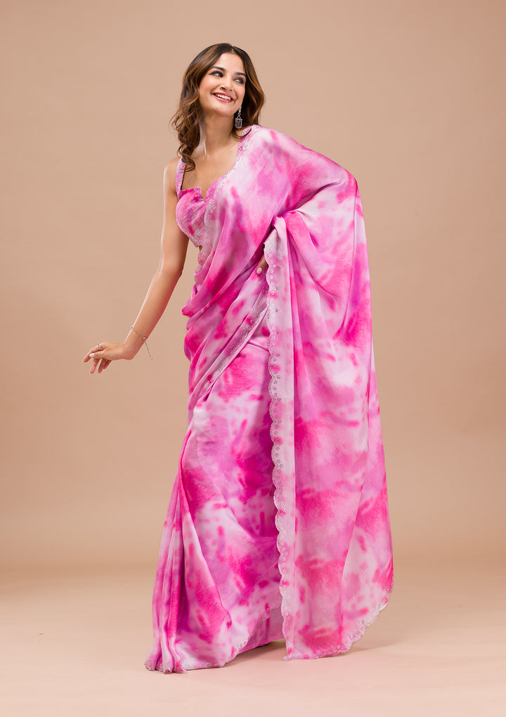 Purple Satin Abstract Geometric Silver Stonework Saree With Matching Blouse Piece