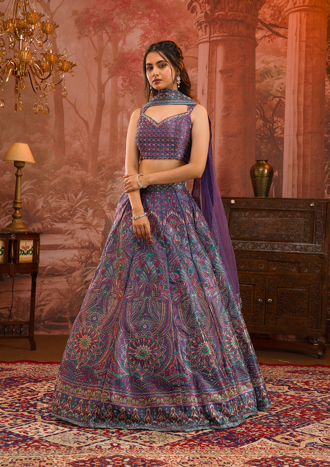 Purple Printed Semi Crepe Readymade Lehenga