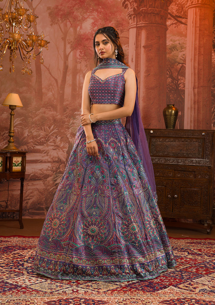Purple Printed Semi Crepe Readymade Lehenga