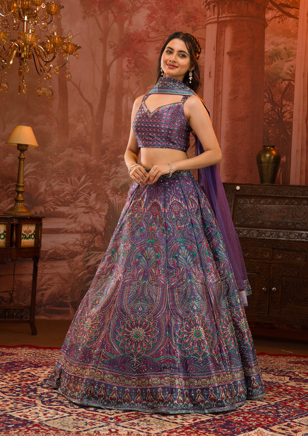 Purple Printed Semi Crepe Readymade Lehenga