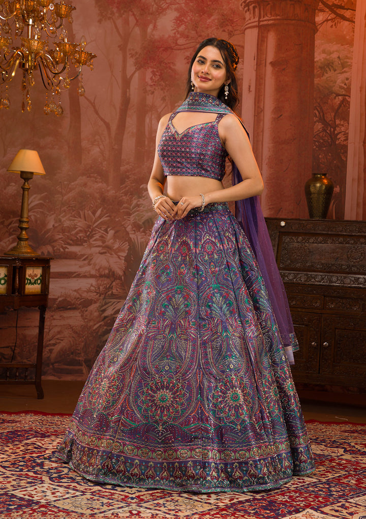 Purple Printed Semi Crepe Readymade Lehenga