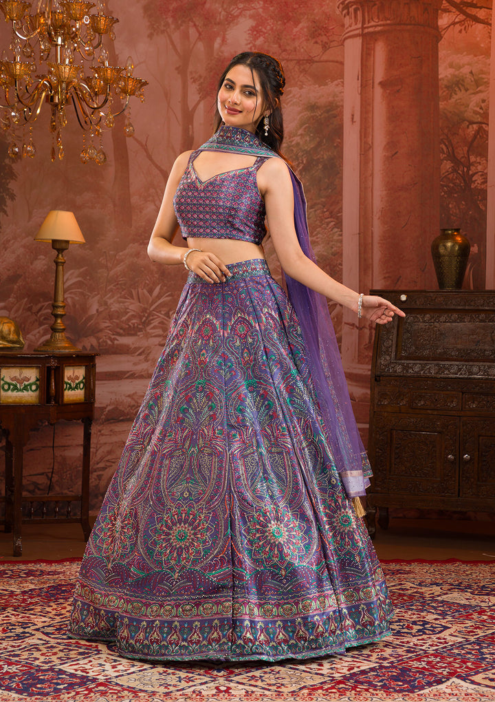 Purple Printed Semi Crepe Readymade Lehenga