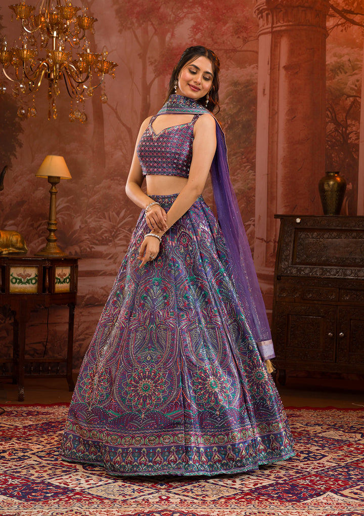 Purple Printed Semi Crepe Readymade Lehenga