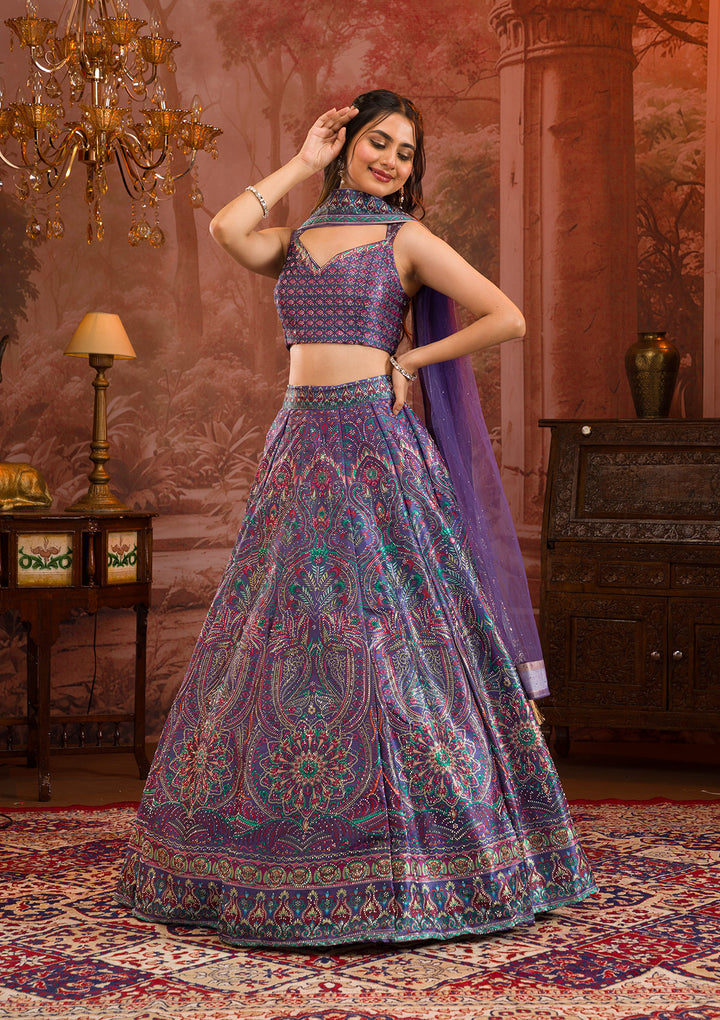 Purple Printed Semi Crepe Readymade Lehenga