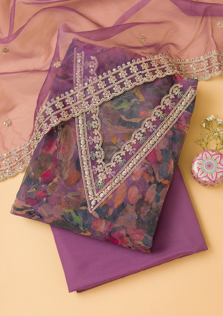Purple Printed Organza Unstitched Salwar Suit