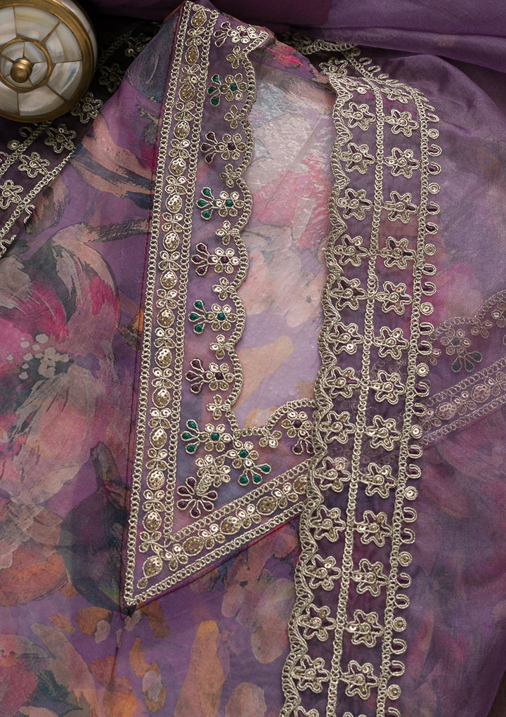 Purple Printed Organza Unstitched Salwar Suit