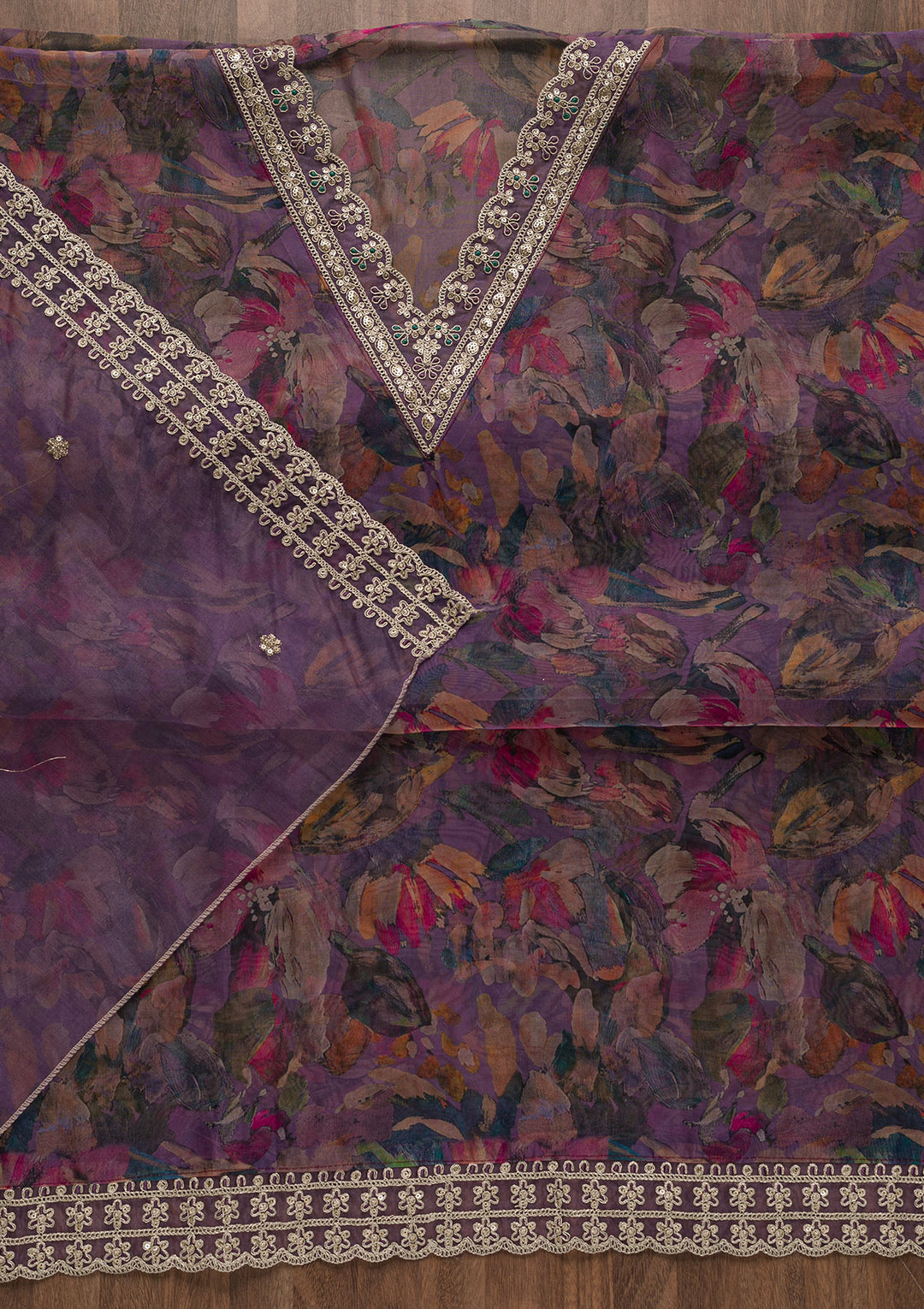 Purple Printed Organza Unstitched Salwar Suit